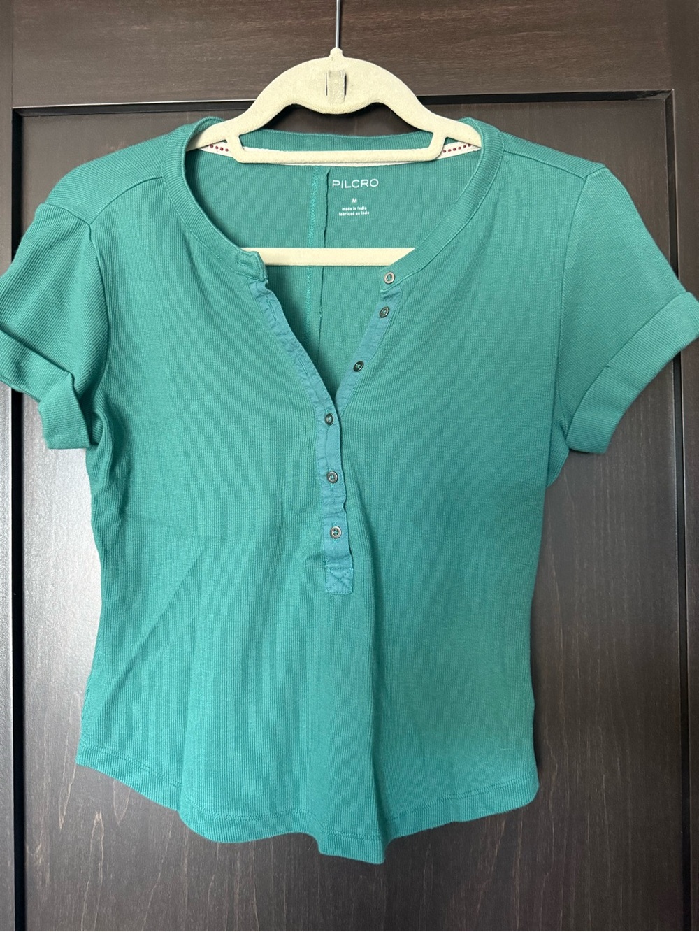 Pilcro Teal Short-Sleeve Henley Crop Top